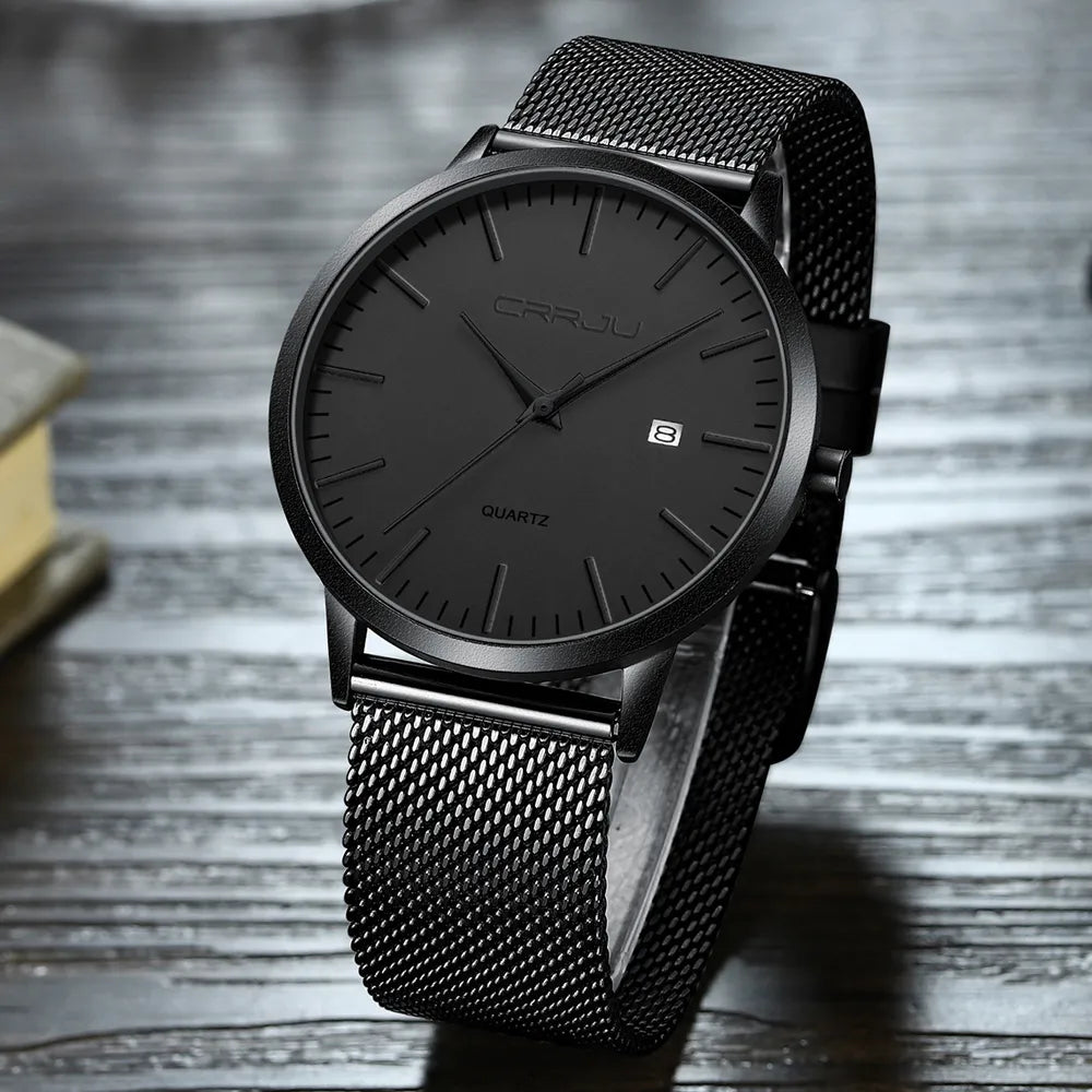 CRRJU Watch Ultra Thin Quartz Slim Mesh Steel Sport Black for Men Best Price in Men Jewerly - 2023