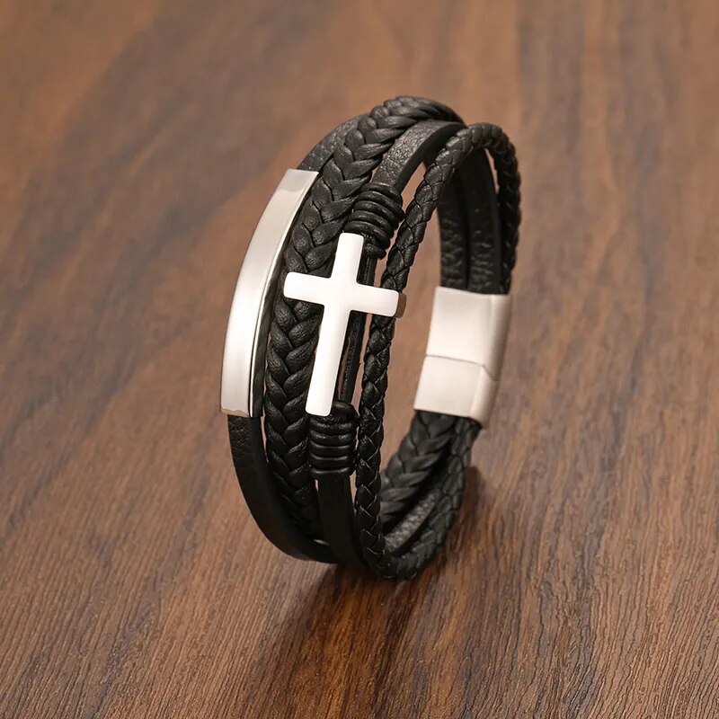 Stainless Steel Cross Leather Bracelet Best Price in Men Jewerly - 2023