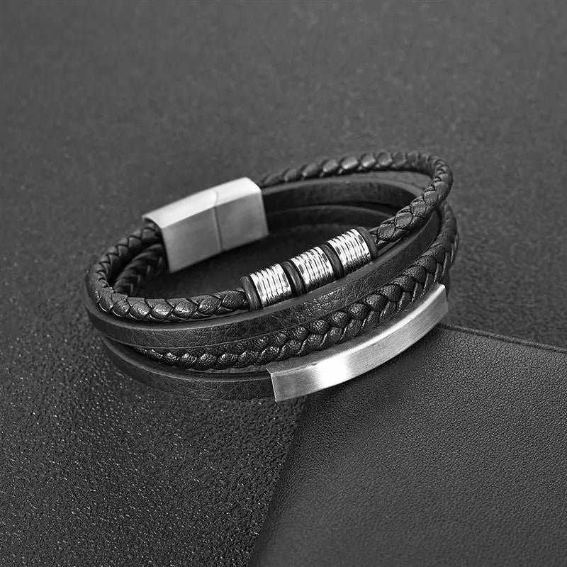 Stainless Steel Charm Bracelet with Braided Leather for Men Best Price in Men Jewerly - 2023