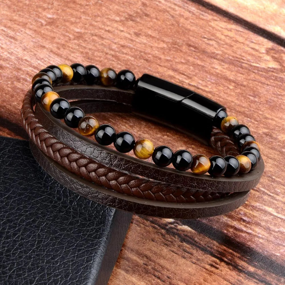 Leather Bracelet with Tiger Eye Beads for Men Best Price in Men Jewerly - 2023