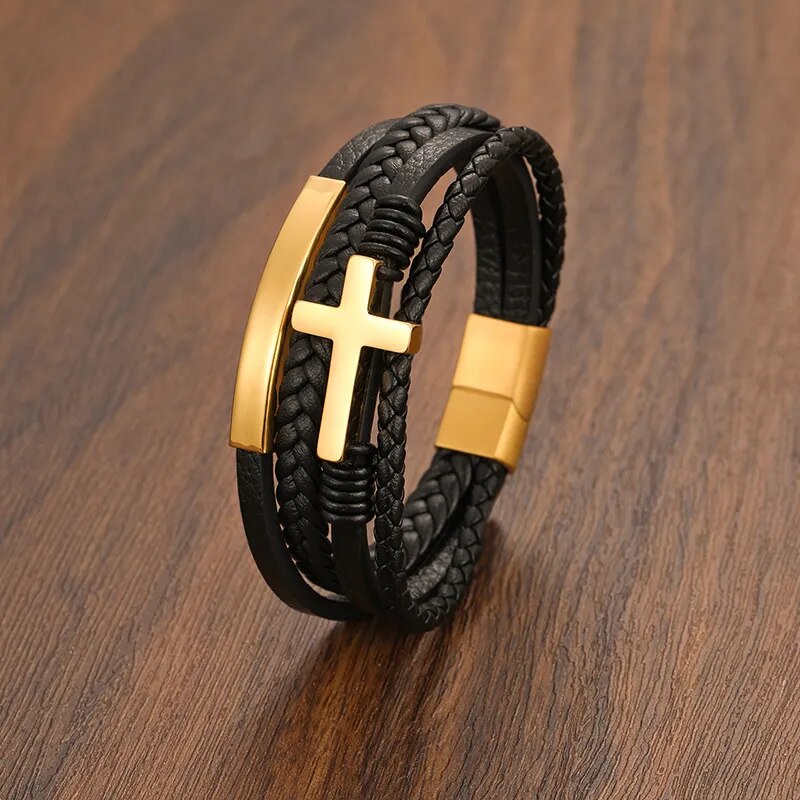 Stainless Steel Cross Leather Bracelet Best Price in Men Jewerly - 2023