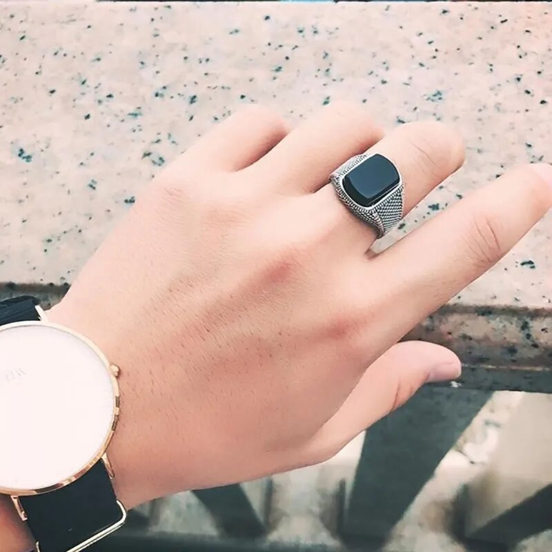 Silver Geometric Diamond Inlaid Black Agate Ring Best Price in Men Jewerly - 2023