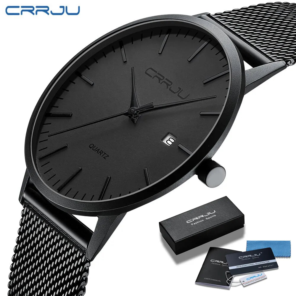 CRRJU Watch Ultra Thin Quartz Slim Mesh Steel Sport Black for Men Best Price in Men Jewerly - 2023