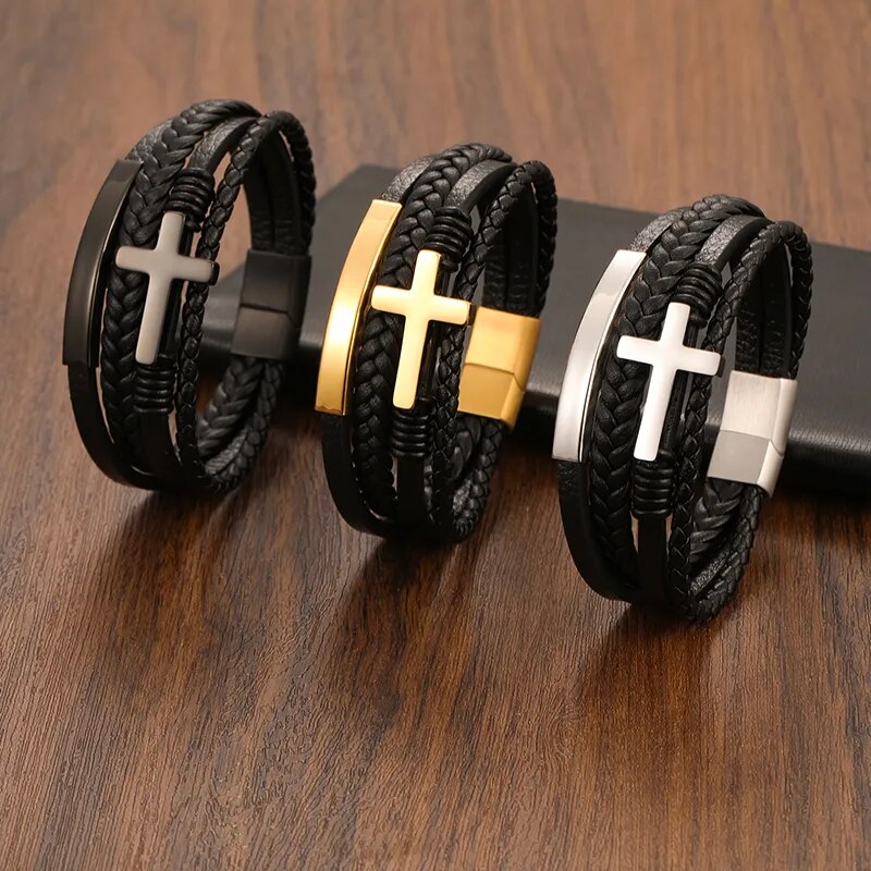 Stainless Steel Cross Leather Bracelet Best Price in Men Jewerly - 2023