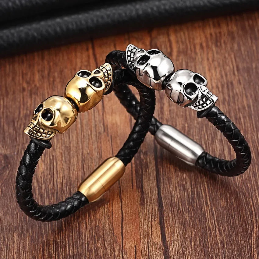 Genuine Leather Punk Skull Man Bracelet Best Price in Men Jewerly - 2023