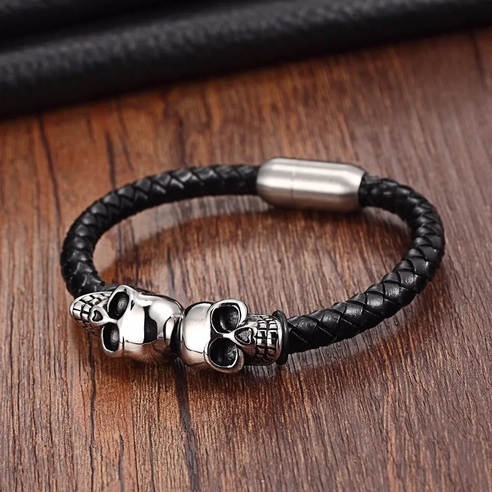 Genuine Leather Punk Skull Man Bracelet Best Price in Men Jewerly - 2023