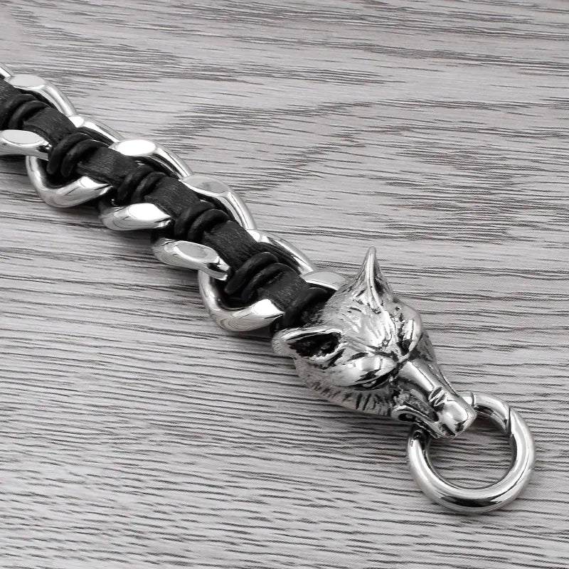 Double Wolf Head Bracelet Stainless Steel Leather Cuban Chain for Men Best Price in Men Jewerly - 2023