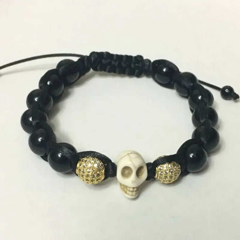 Men's 10MM Skull Bracelet with Black Stone Beads Best Price in Men Jewerly - 2023