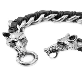 Double Wolf Head Bracelet Stainless Steel Leather Cuban Chain for Men Best Price in Men Jewerly - 2023