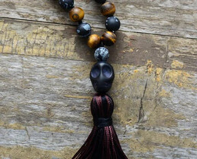 Men's 8MM Matte Tiger Eye Stone Skull Tassel Necklace Best Price in Men Jewerly - 2023