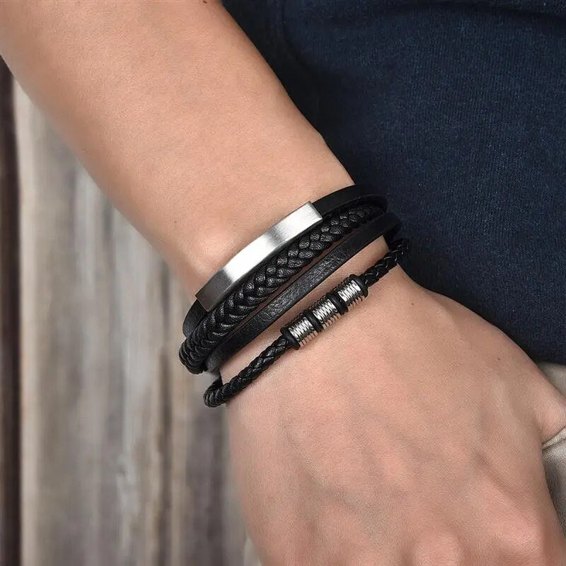 Stainless Steel Charm Bracelet with Braided Leather for Men Best Price in Men Jewerly - 2023