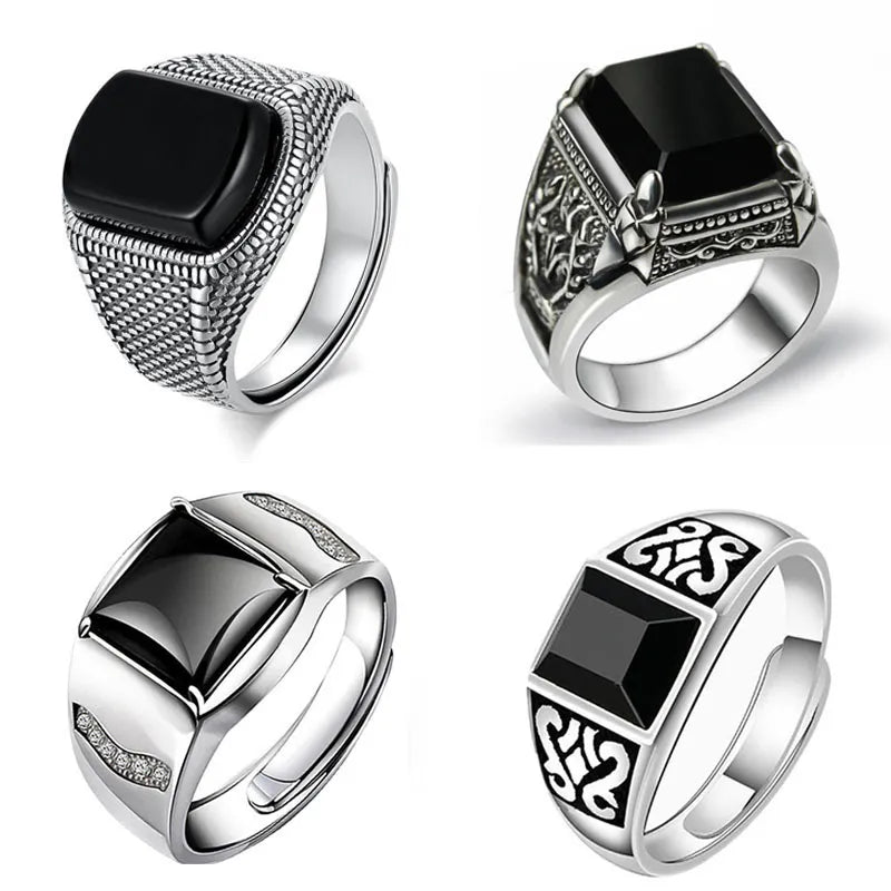 Silver Geometric Diamond Inlaid Black Agate Ring Best Price in Men Jewerly - 2023