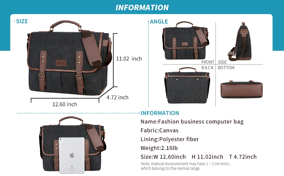 Vintage Men Briefcases Canvas 14 inch Laptop Bags Portable Messenger Bag for Men Business Briefcase Shoulder Bag Dropshipping