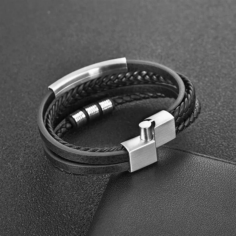 Stainless Steel Charm Bracelet with Braided Leather for Men Best Price in Men Jewerly - 2023