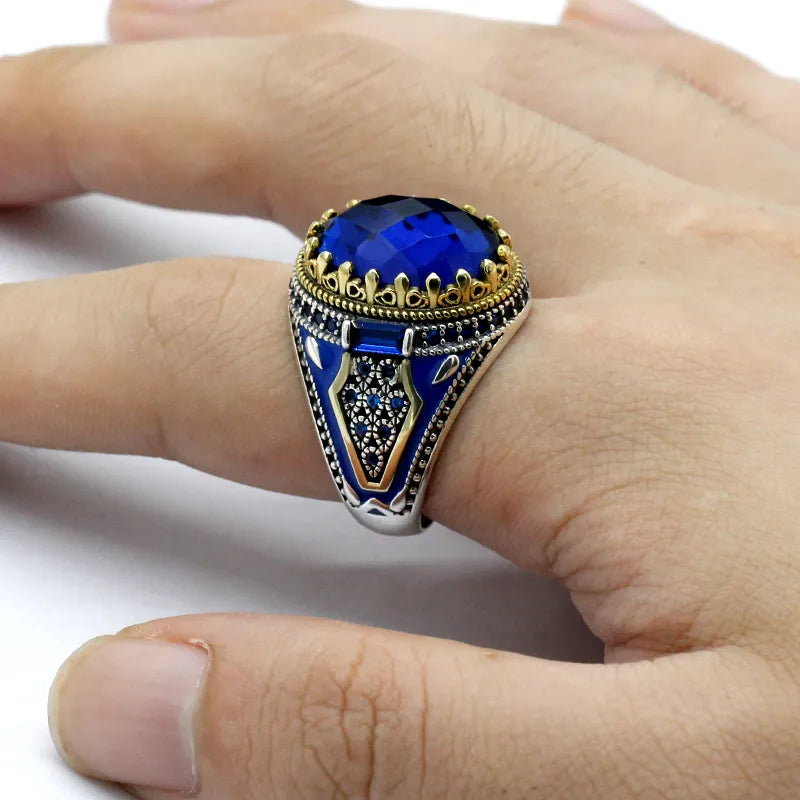 Turkish 925 Sterling Silver Men's Ring with Blue Glass Stone Best Price in Men Jewerly - 2023