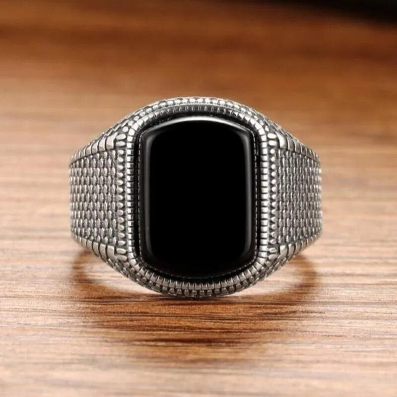 Silver Geometric Diamond Inlaid Black Agate Ring Best Price in Men Jewerly - 2023