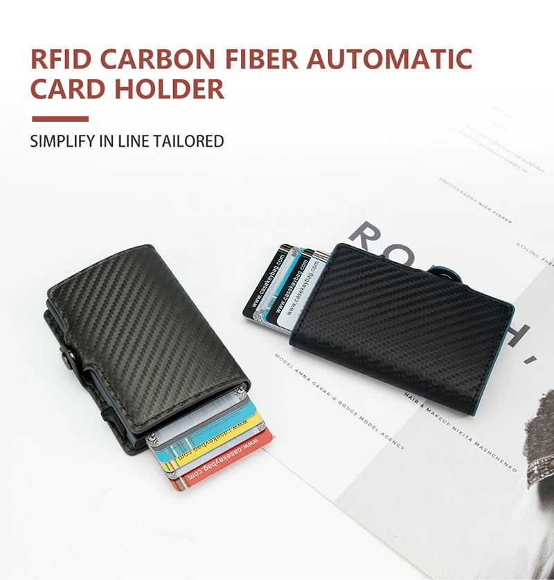 CASEKEY Carbon Fiber Protector Credit Card Holder Tarjetero Hombre RFID Leather Single Box Smart Wallet Slim Pop Up Card Case