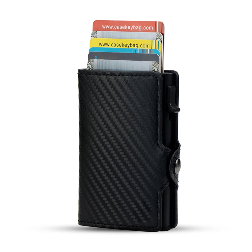 CASEKEY Carbon Fiber Protector Credit Card Holder Tarjetero Hombre RFID Leather Single Box Smart Wallet Slim Pop Up Card Case