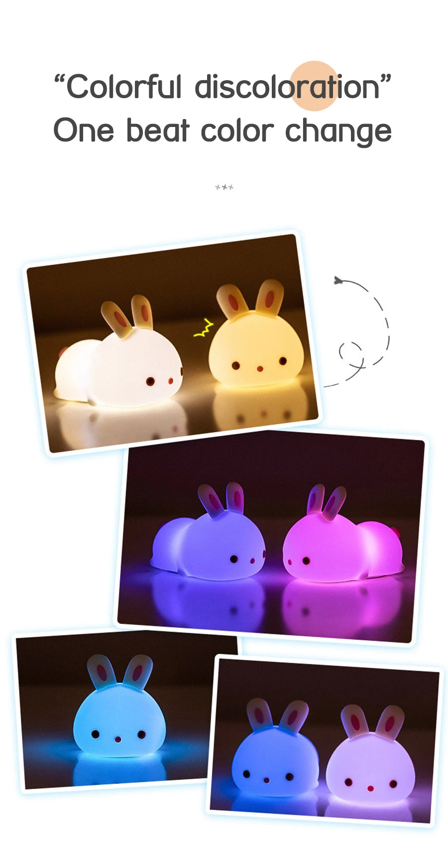 Touch Sensor RGB LED Rabbit Night Light 16 Colors USB Rechargeable Silicone Bunny Lamp for Children Baby Toy Festival Gift