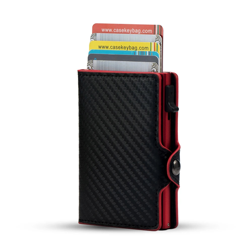 CASEKEY Carbon Fiber Protector Credit Card Holder Tarjetero Hombre RFID Leather Single Box Smart Wallet Slim Pop Up Card Case
