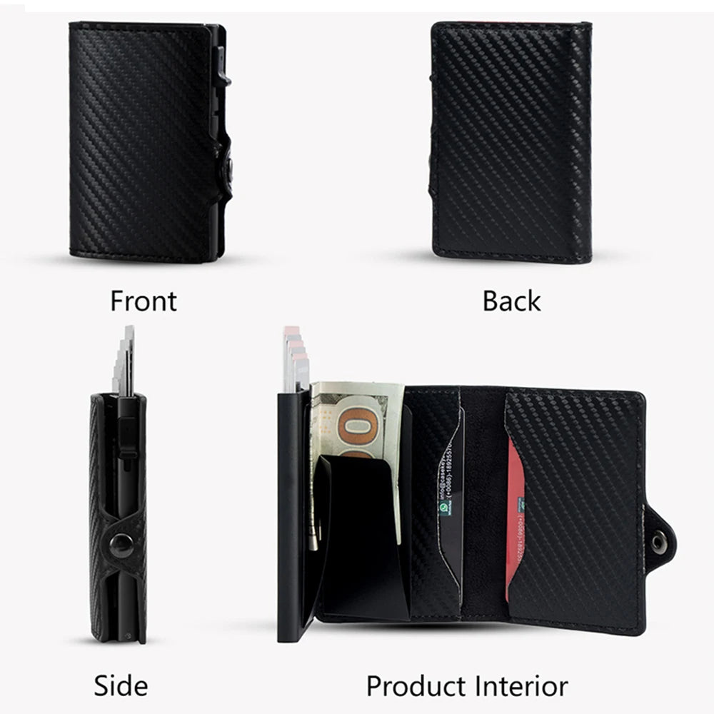 CASEKEY Carbon Fiber Protector Credit Card Holder Tarjetero Hombre RFID Leather Single Box Smart Wallet Slim Pop Up Card Case