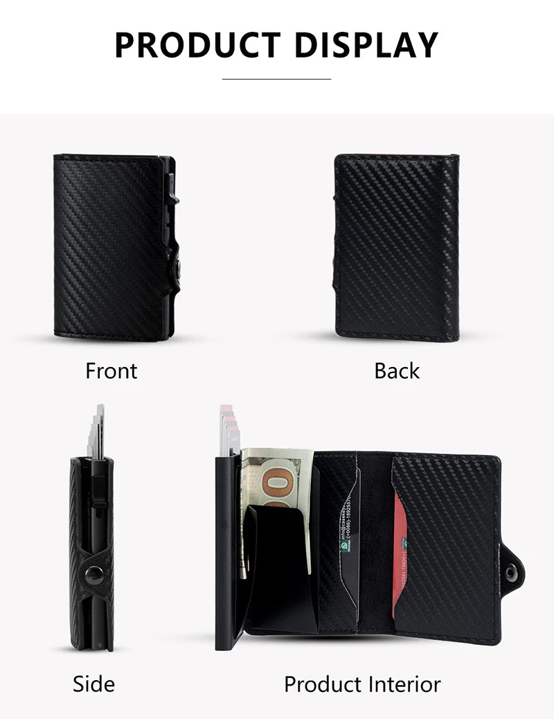 CASEKEY Carbon Fiber Protector Credit Card Holder Tarjetero Hombre RFID Leather Single Box Smart Wallet Slim Pop Up Card Case