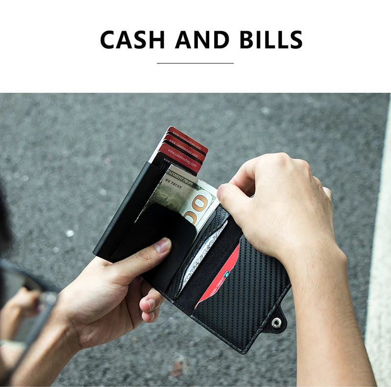 CASEKEY Carbon Fiber Protector Credit Card Holder Tarjetero Hombre RFID Leather Single Box Smart Wallet Slim Pop Up Card Case