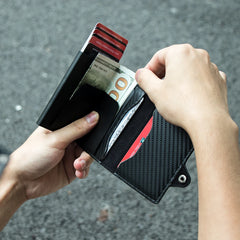CASEKEY Carbon Fiber Protector Credit Card Holder Tarjetero Hombre RFID Leather Single Box Smart Wallet Slim Pop Up Card Case