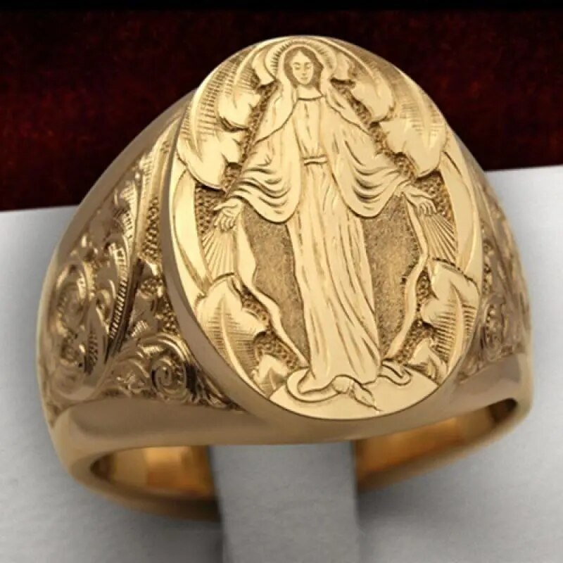 HOYON 14k Yellow Gold Ring with Virgin Mary Badge for Men Best Price in Men Jewerly - 2023