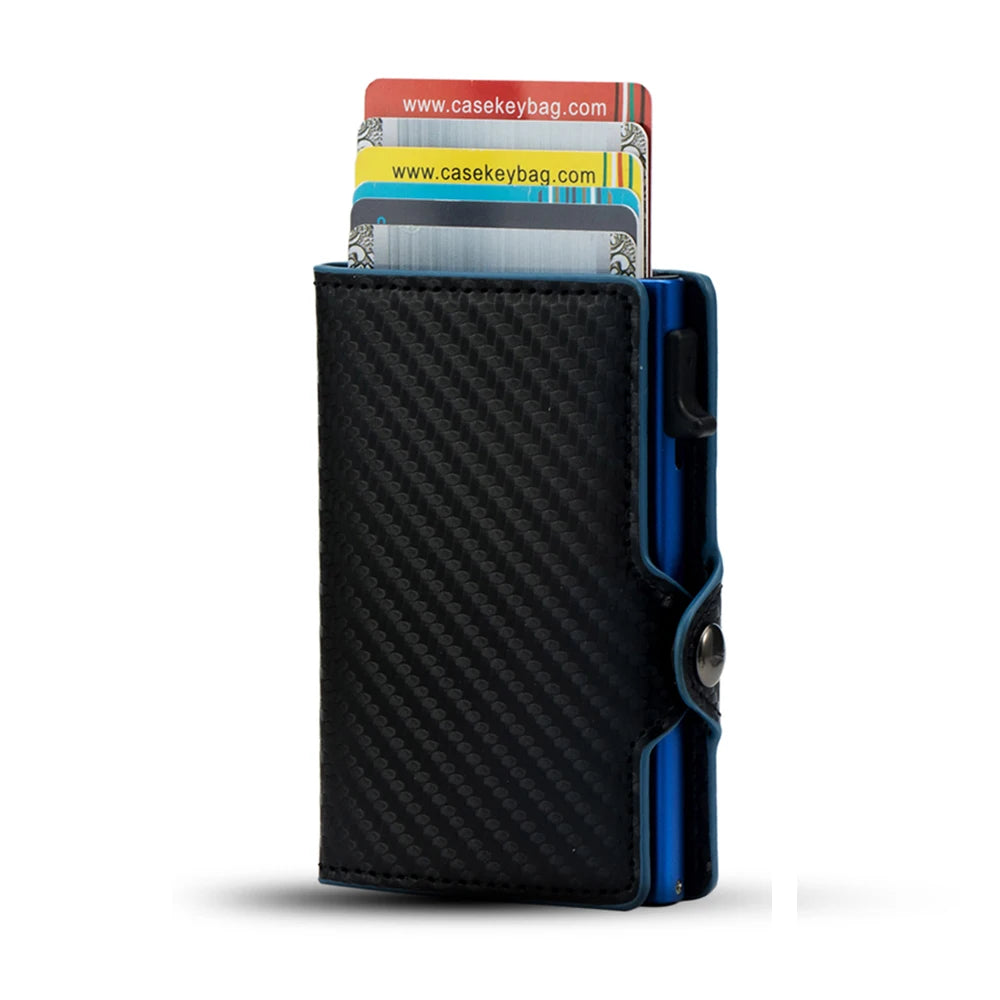 CASEKEY Carbon Fiber Protector Credit Card Holder Tarjetero Hombre RFID Leather Single Box Smart Wallet Slim Pop Up Card Case