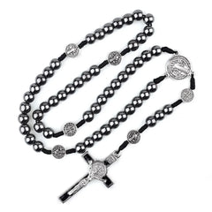Catholic Rosary Car Ornament Black Hematite Bead Saint Benedict Medal Jesus Cross Auto Decor   Automotive Decal