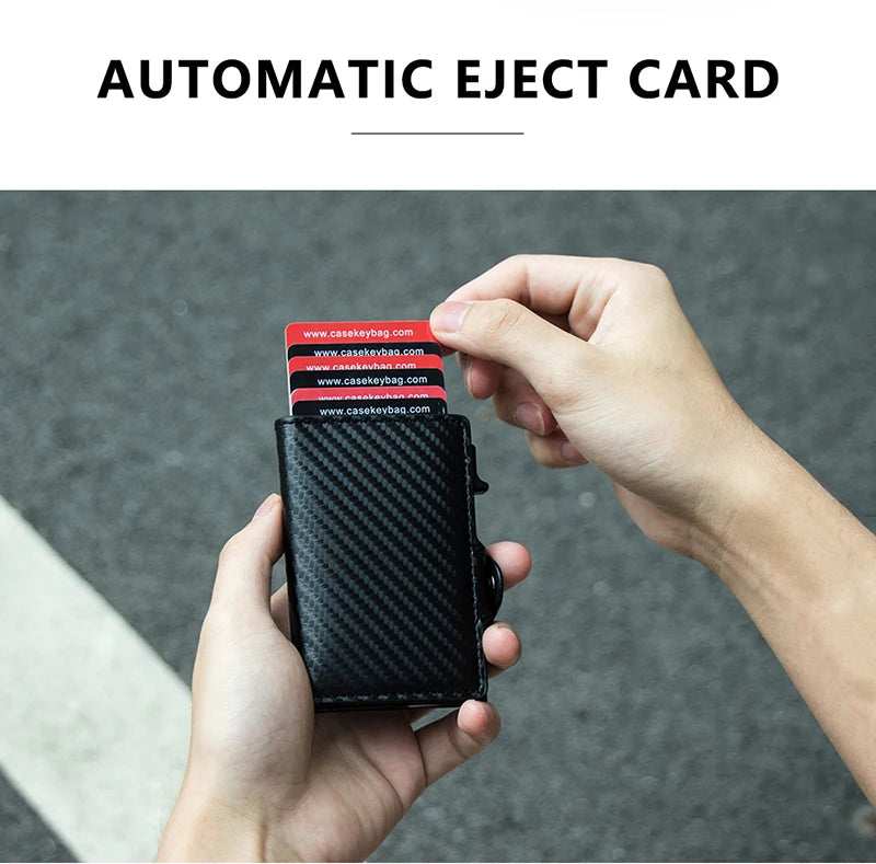 CASEKEY Carbon Fiber Protector Credit Card Holder Tarjetero Hombre RFID Leather Single Box Smart Wallet Slim Pop Up Card Case
