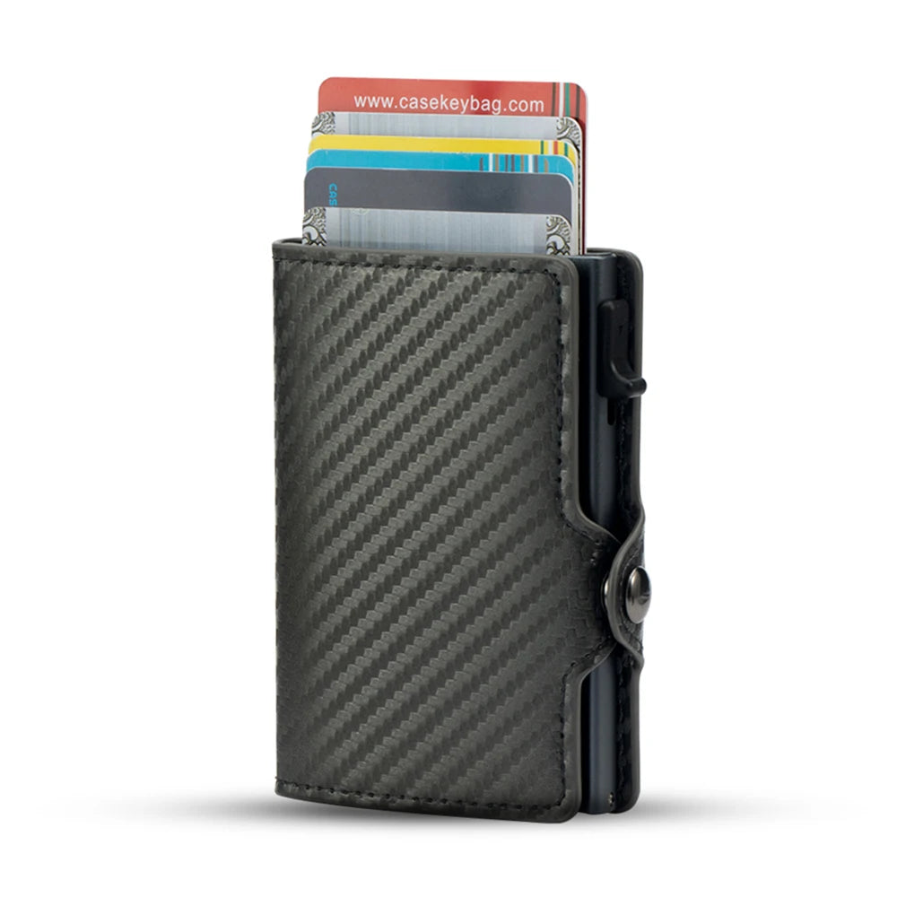 CASEKEY Carbon Fiber Protector Credit Card Holder Tarjetero Hombre RFID Leather Single Box Smart Wallet Slim Pop Up Card Case