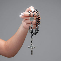 Catholic Rosary Car Ornament Black Hematite Bead Saint Benedict Medal Jesus Cross Auto Decor   Automotive Decal