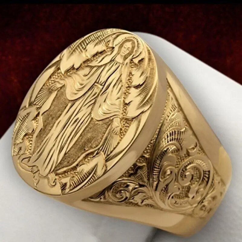 HOYON 14k Yellow Gold Ring with Virgin Mary Badge for Men Best Price in Men Jewerly - 2023