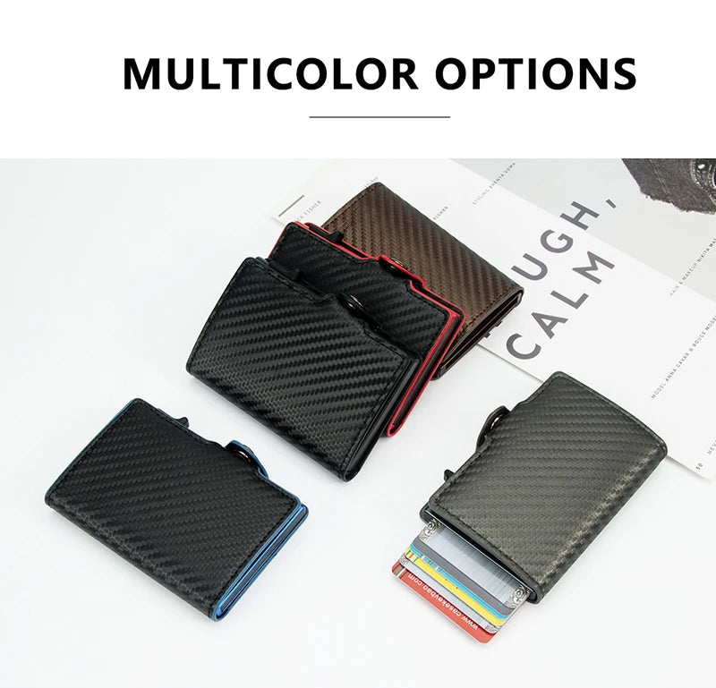 CASEKEY Carbon Fiber Protector Credit Card Holder Tarjetero Hombre RFID Leather Single Box Smart Wallet Slim Pop Up Card Case