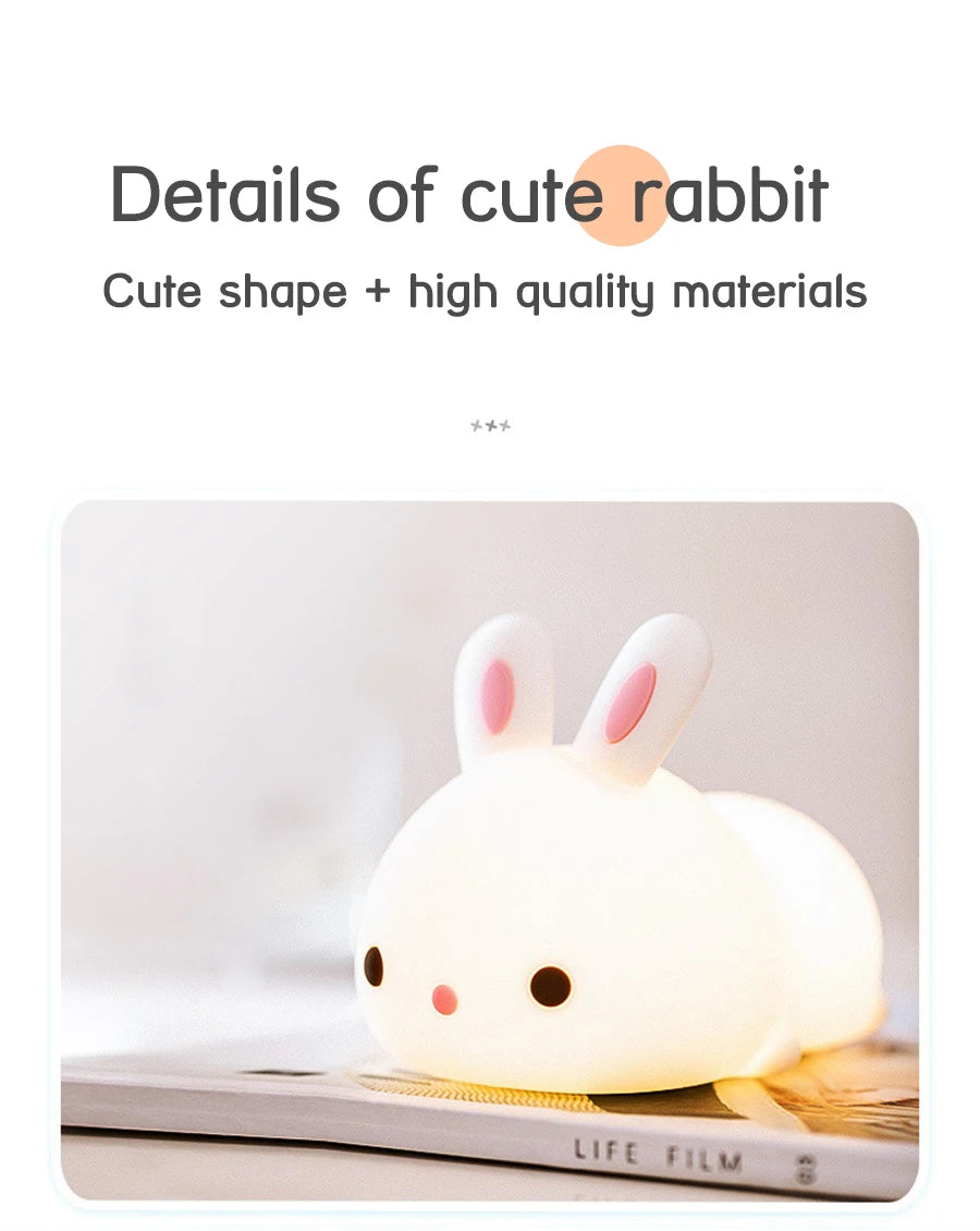 Touch Sensor RGB LED Rabbit Night Light 16 Colors USB Rechargeable Silicone Bunny Lamp for Children Baby Toy Festival Gift