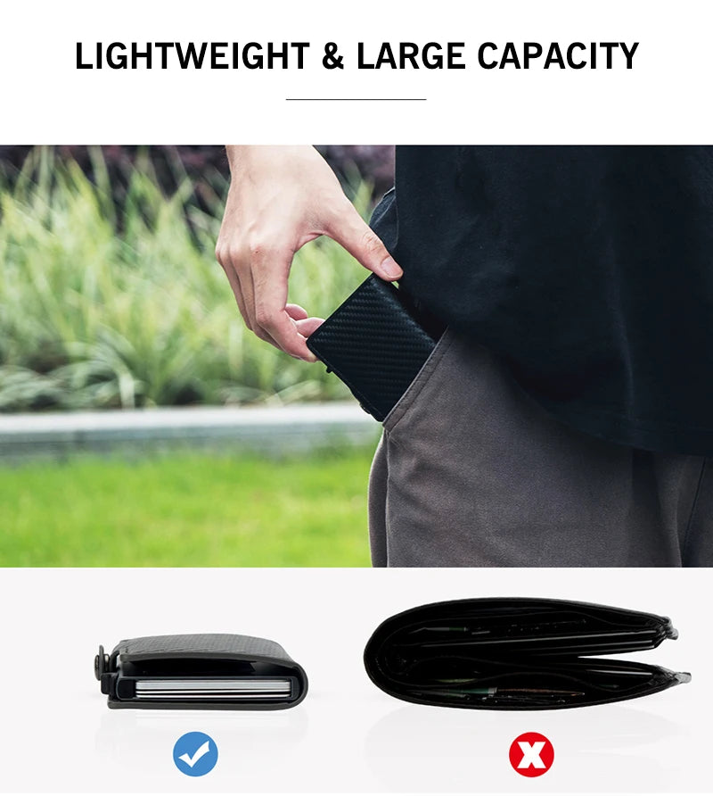 CASEKEY Carbon Fiber Protector Credit Card Holder Tarjetero Hombre RFID Leather Single Box Smart Wallet Slim Pop Up Card Case
