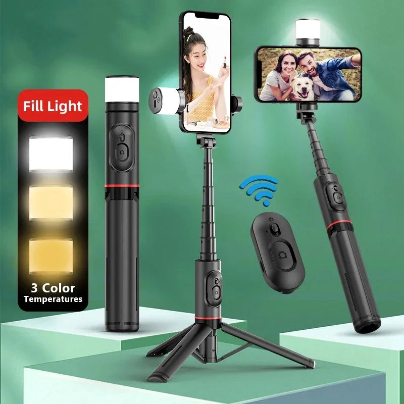 Roreta NEW Portable Wireless Bluetooth Phone Telescopic Selfie Stick Tripod With Fill Light for Huawei iPhone 13 Android Xiaomi